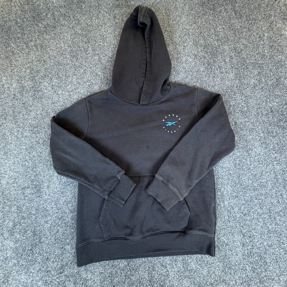 Reebok Classic International Hoodie Kids Medium 10/12 Black Graphic Fleece Lined